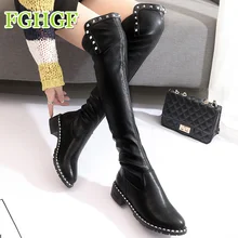 Г., модные сапоги выше колена из искусственной кожи женские сапоги для верховой езды с блестками и эластичным голенищем на толстом каблуке