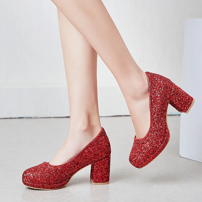 

2018 Fashion Glitter Sequined Slip on Chunky High Heels Pumps Red Pink Black Office Party Wedding Ladies Shoes Plus Size