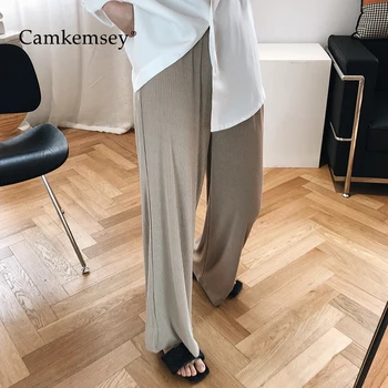 

CamKemsey Summer Thin Knitted Pants Women 2020 Spring Elastic High Waist Loose Pit Stripe Wide Leg Pants