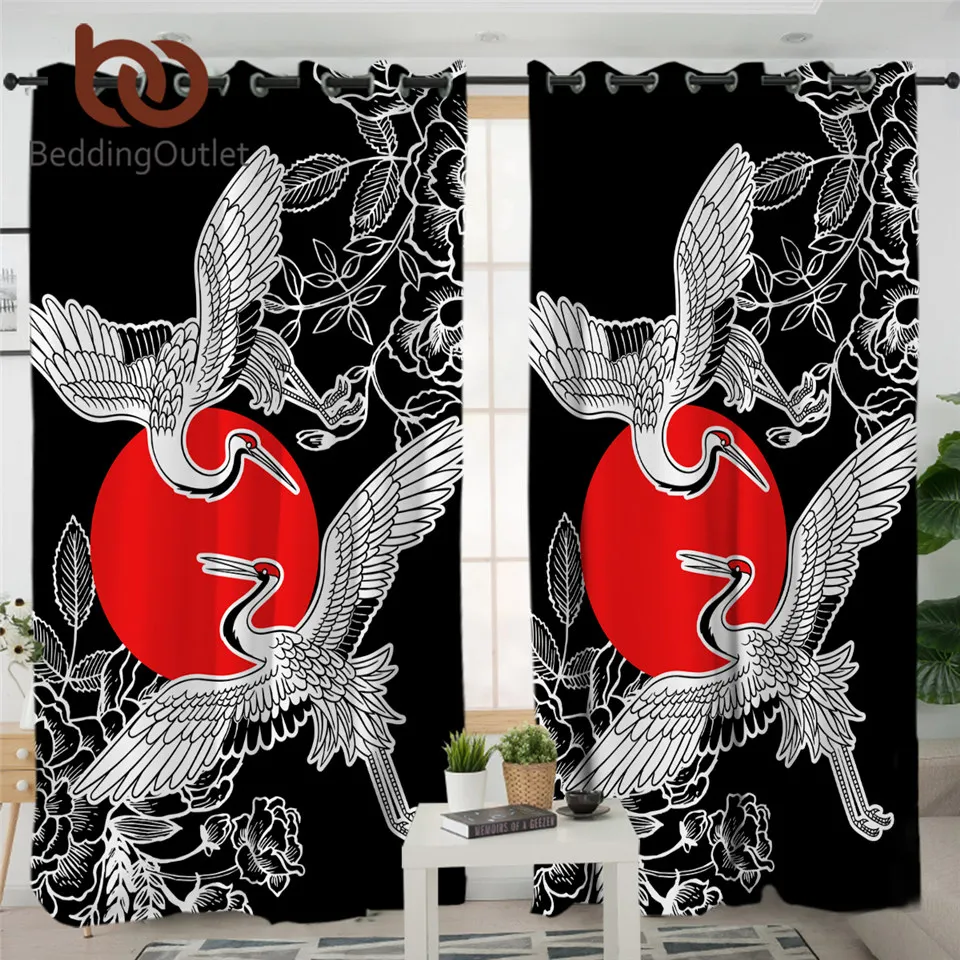 BeddingOutlet White Cranes Living Room Curtain Asian Style Blackout Red Sun Japanese Window Floral rideaux 1pc | Дом и сад