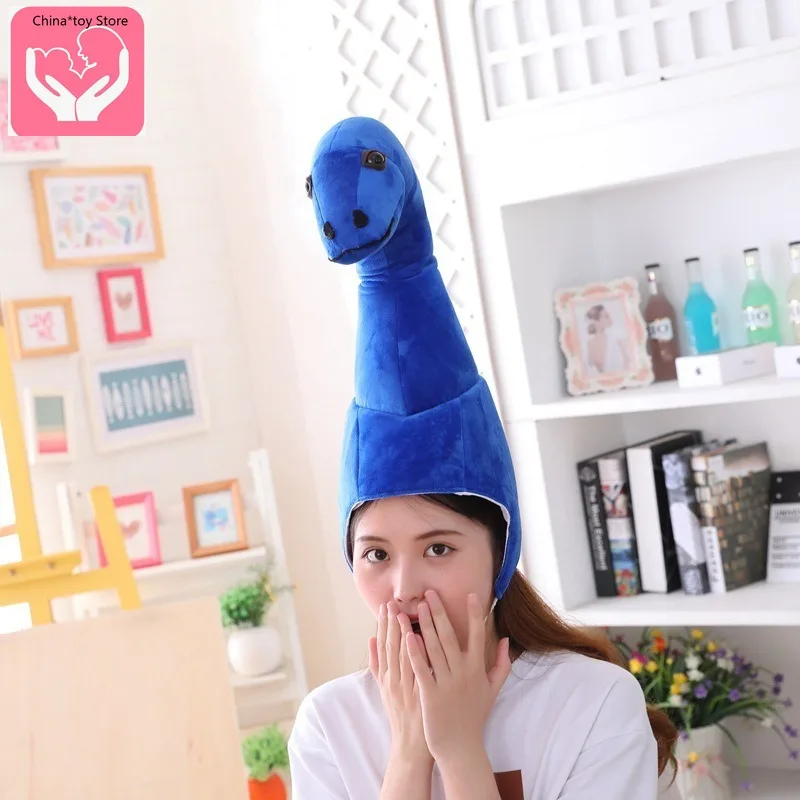 Hot Sale Blue Long Neck Dinosaur Headgear Hat Plush Toy Doll Clothing Accessories Cartoon Doll Accessories new cartoon embroidery sun long neck small dinosaur backpack hook hair embroidered canvas kindergarten backpack children