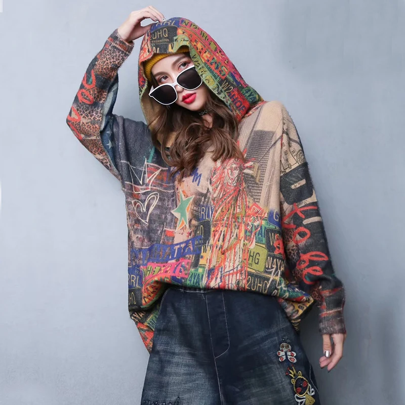 

Vintage Oversize Mink Cashmere Autumn Winter Sweater Hooded Women Retro Print 2020 Female Casual Warm All-match Loose Sweater