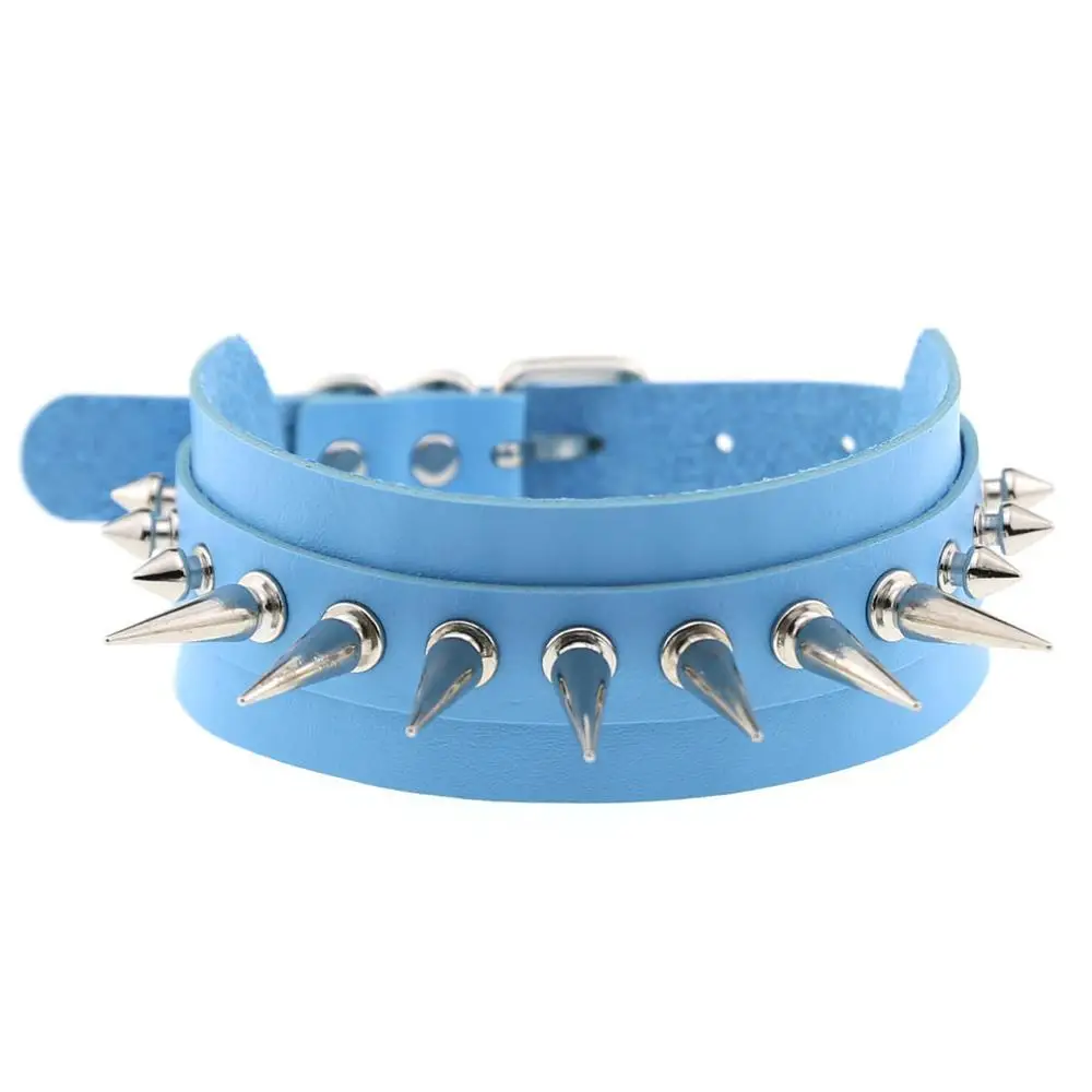 KMVEXO Punk Rock Gothic Leather Chokers for Women Mens Silver Spike Rivet Stud Collar Choker Necklaces Statement Anime Jewelry - Окраска металла: Light Blue