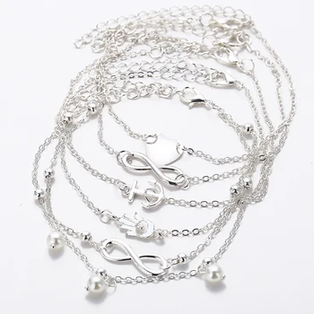 

5 PCS/lot Women Summer Gold Color and Silver Color Anklet Pearl Heart Infinite Bohemian Charm Ankle Chain Woman Jewelry B011