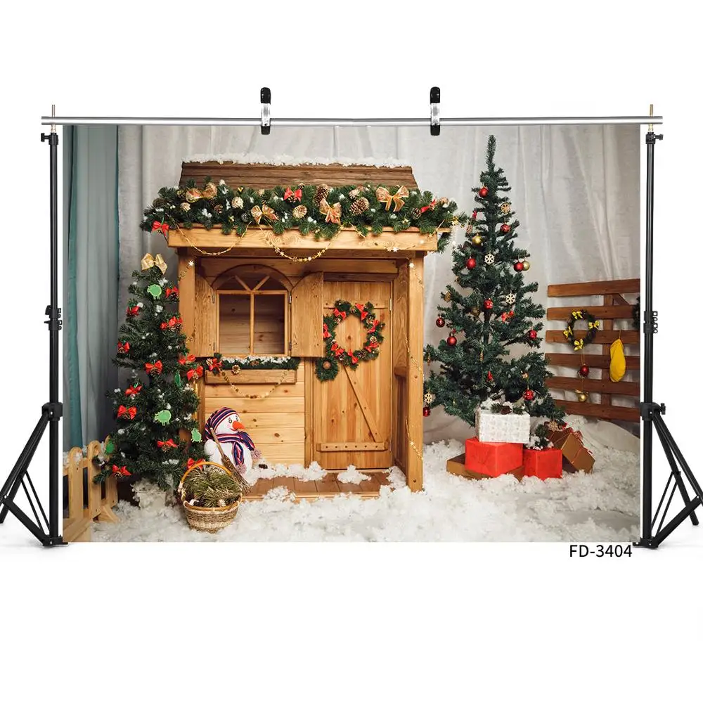 Christmas Tree Log Cabin Snow Gifts Decors Photography Backdrop