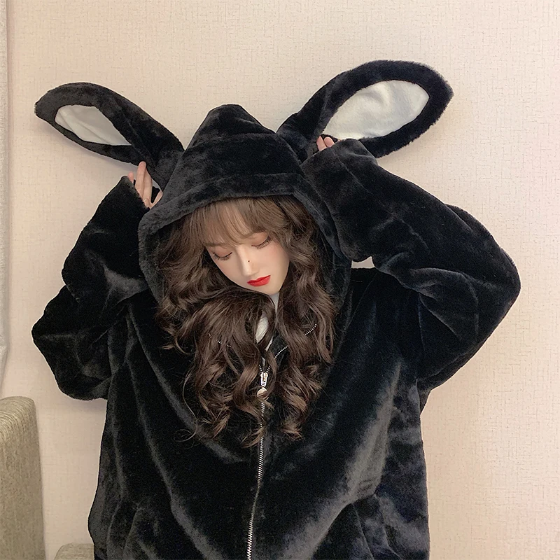 trendy hoodies for women Gothic Harajuku Couple Hoodies Cute Rabbit Ears Black Hooded Outwear Women 2022Sweet Loose Warm Plush Coats Autumn Winter Jacket sweatshirts for girls