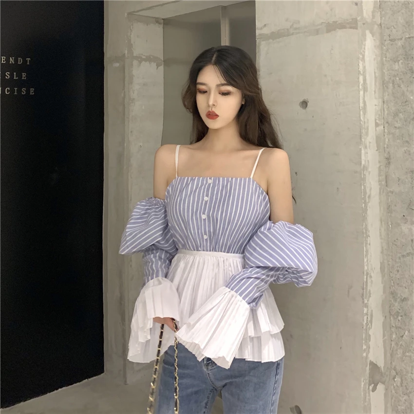 Полосатая блуза со спущенными плечами mujer de moda, корейский стиль, Женские топы и блузки, женская модная брендовая Укороченная рубашка, Новинка осени
