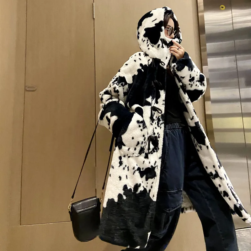 para mulheres, parka padrão vaca, jaqueta oversize, inverno, 2023