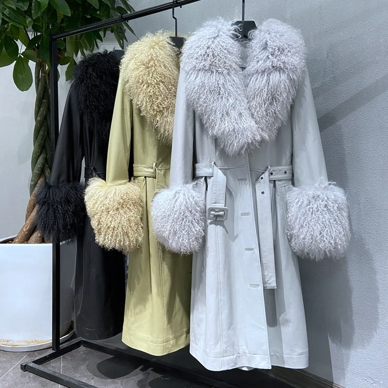 Genuine Natural Sheep Leather Long Coat Mongolia Sheep Fur Collar Cuffs Furry Fluffy Winter Luxury 2023 Chic Winter Outerwear