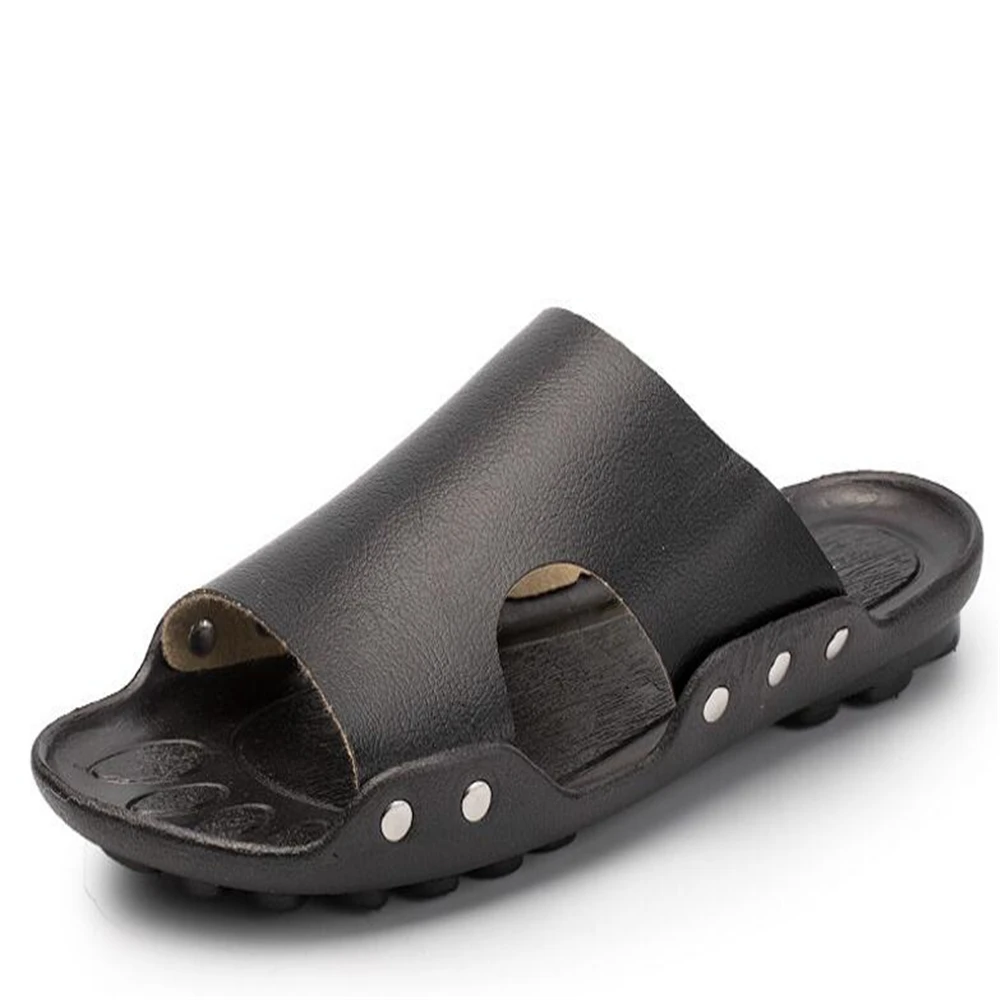 

Men Slip-on Leather Slippers Slides Casual Sandals Solid Color Concise Design Male Summer Beach Sandals Mans Flat y820