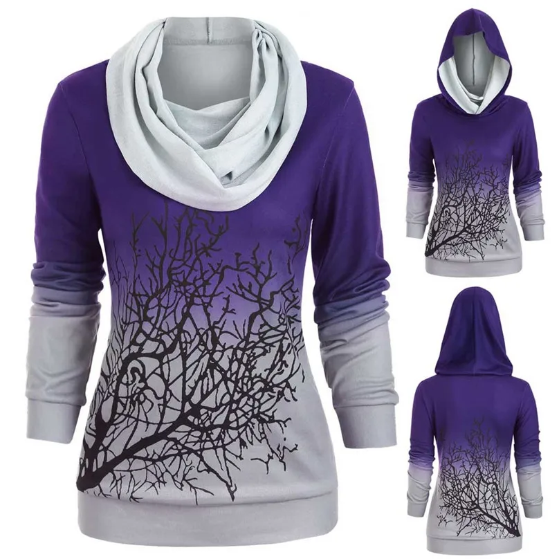 Halloween Tree Print Long Hoodies Women Convertible Collar Sweatshirt Ladies Long Sleeve Hoody Oversize Sudadera Mujer 40SEP1809