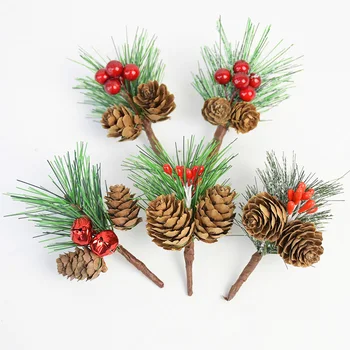 

5pcs Christmas Artificial Flower Red Stamen Berries And Pine Cone With Holly Branches DIY Wreath Garland Wedding Christmas Decor