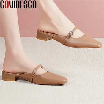 

COVIBESCO Women Classic Design Mules Slippers Sandals Square Toe Thick Heel Genuine Leather Basic Shoes High Heels Shoes Woman