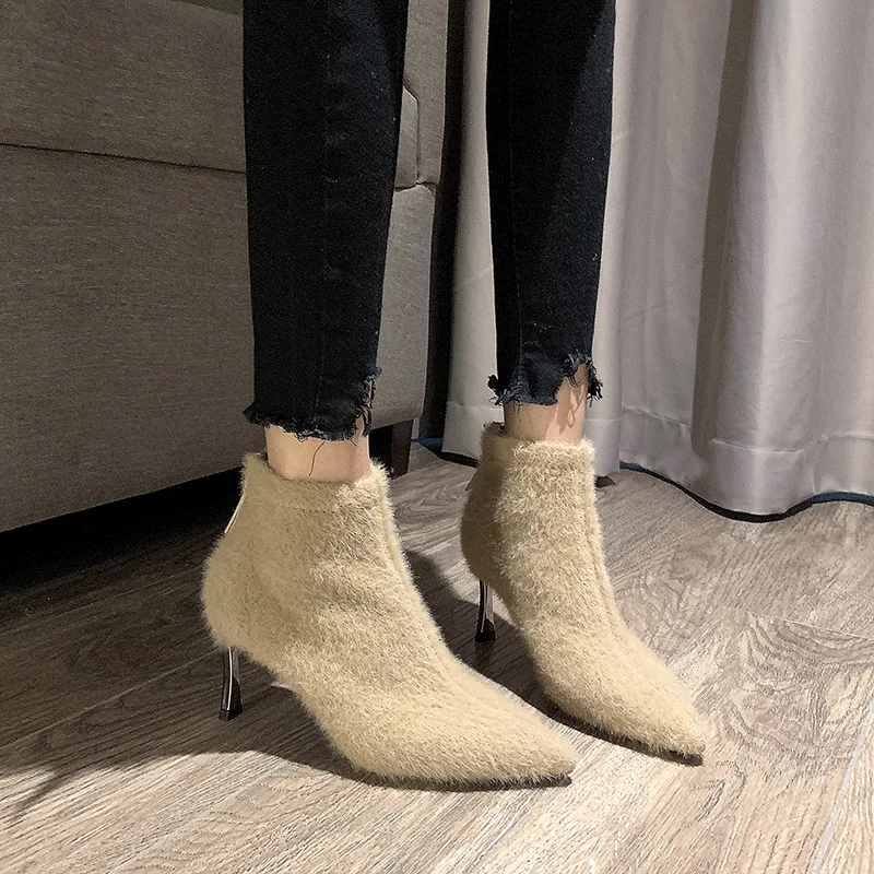 

6286-1 Debutante Elegant High Heel Boots Women's 2019 Winter Simple Suede Pointed-Toe Thin Heeled Side Zipper Martin Boots