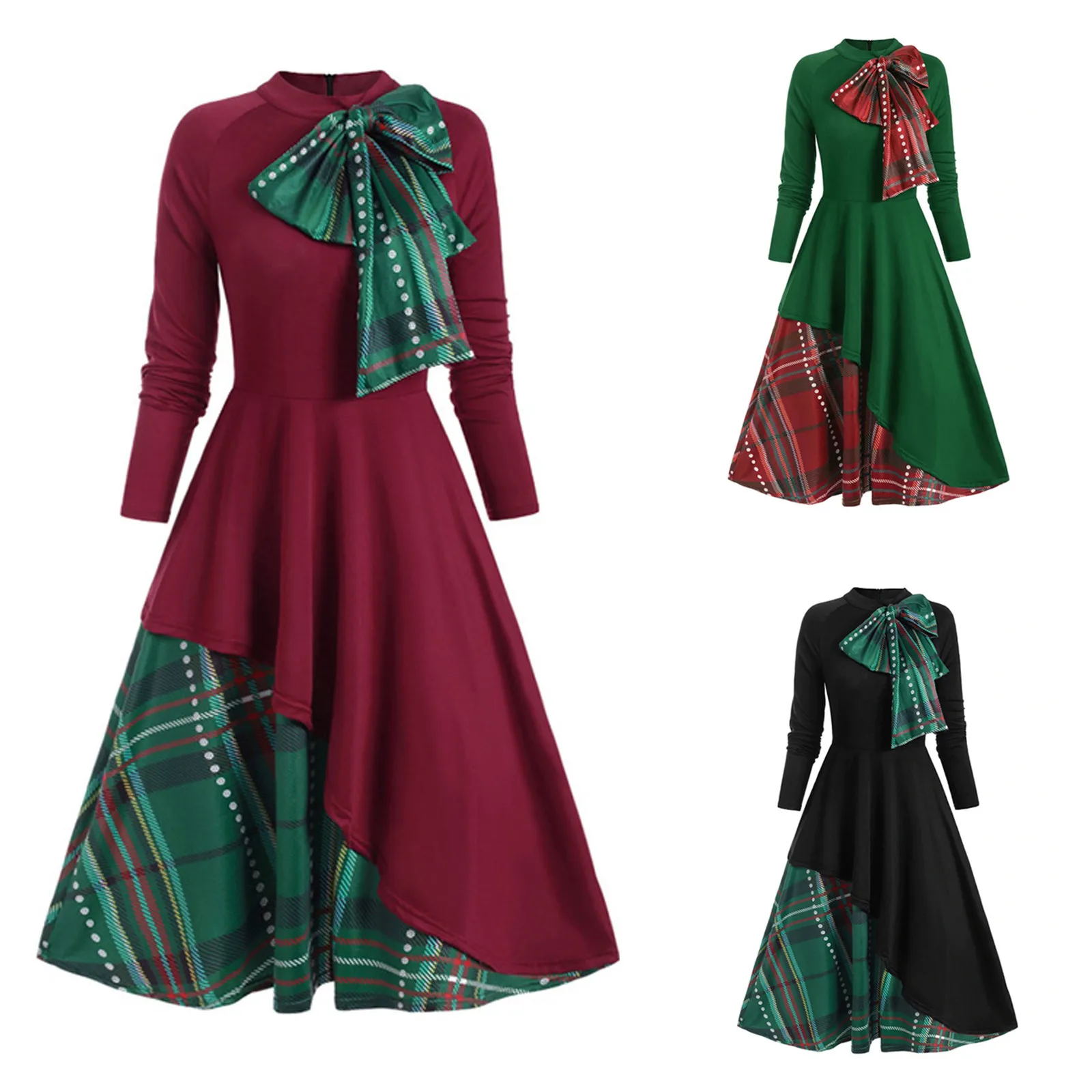 Women Plaid Bowknot Dress Winter Autumn Long-sleeved Round Neck Stitching Big Swing Dresses 2021 Christmas Party Dress Vestidos 1