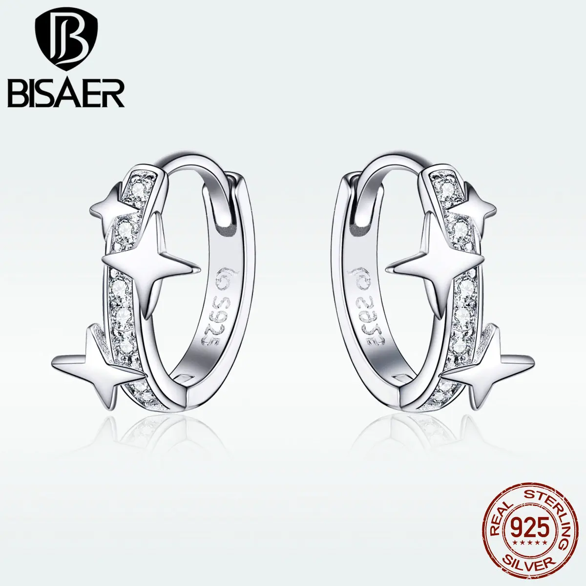 BISAER, 925 пробы, серебряные серьги-гвоздики с сияющей звездой, женские роскошные ювелирные изделия, подходят для свадебной вечеринки, изысканный подарок GAE076