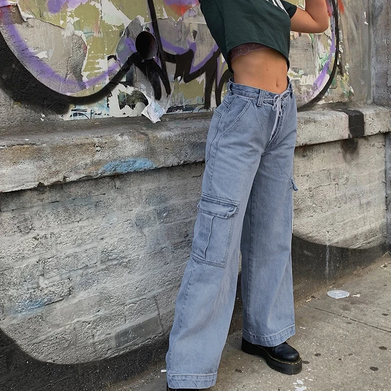Weekeep с накладным карманом Высокая талия джинсы Для женщин уличная прямые джинсовые Femme синий хлопок брюки карго