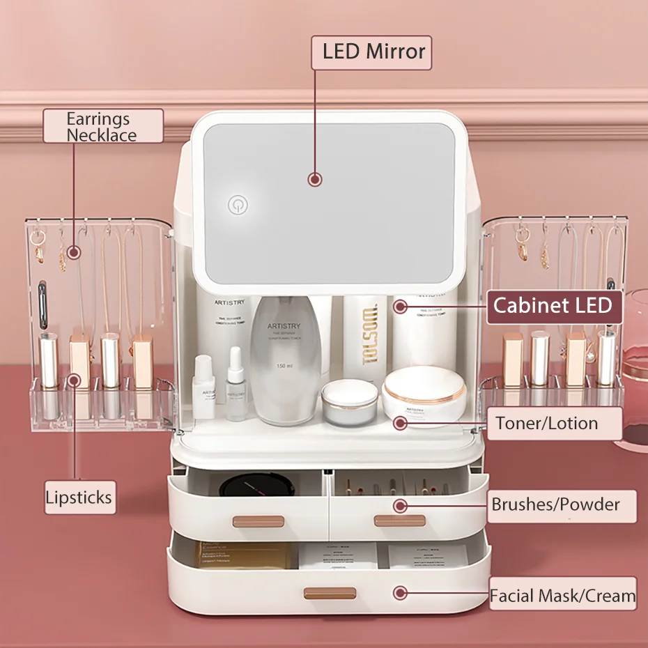 

LED Light Makeup Mirror Cosmetic Storage Jewelry Container Lipstick Showcase Drawer Skin Care Products Cabinet Organizer-Cosmeti