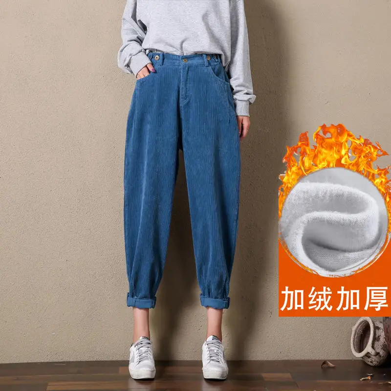 Light blue velevt Винтажные вельветовые брюки женские брюки свободные шаровары с высокой талией осенние зимние повседневные уличные штаны для мамы Pantalon Femme Q1924 - Цвет: Light blue velevt