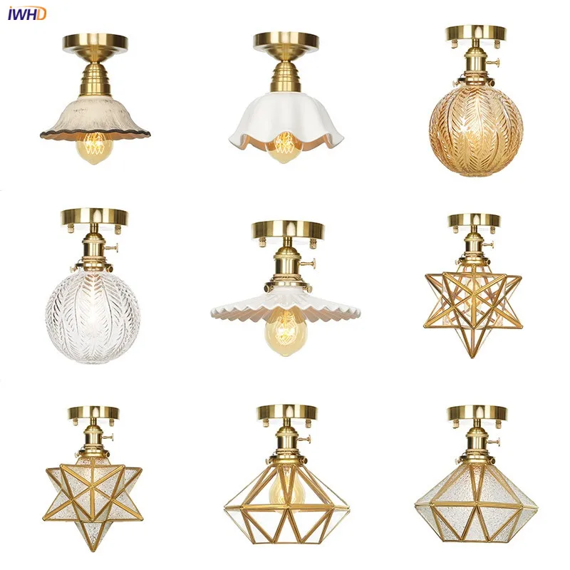

IWHD Nordic Style Copper LED Ceiling Light Fixtures Bedroom Living Room Lights Switch Glass Ceiling Lamp Lighting Lampara Techo