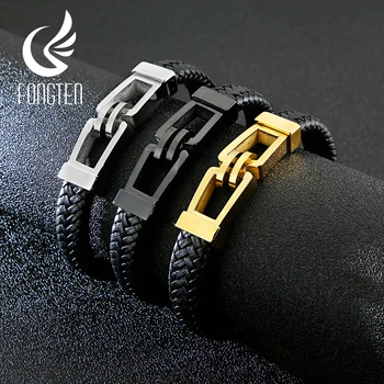 

Fongten Black Cowhide Weave Bracelet Men Stainless Steel Rope Leather Bracelets Mens Jewelry
