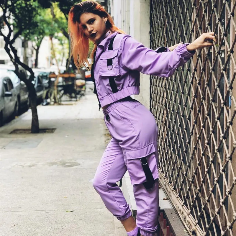 

NCLAGEN 2019 Women Fashion Long Sleeve Zipper Up Turn Down Collar Coat Patchwork Pockets Outwear High Waist Cargo Pants Set