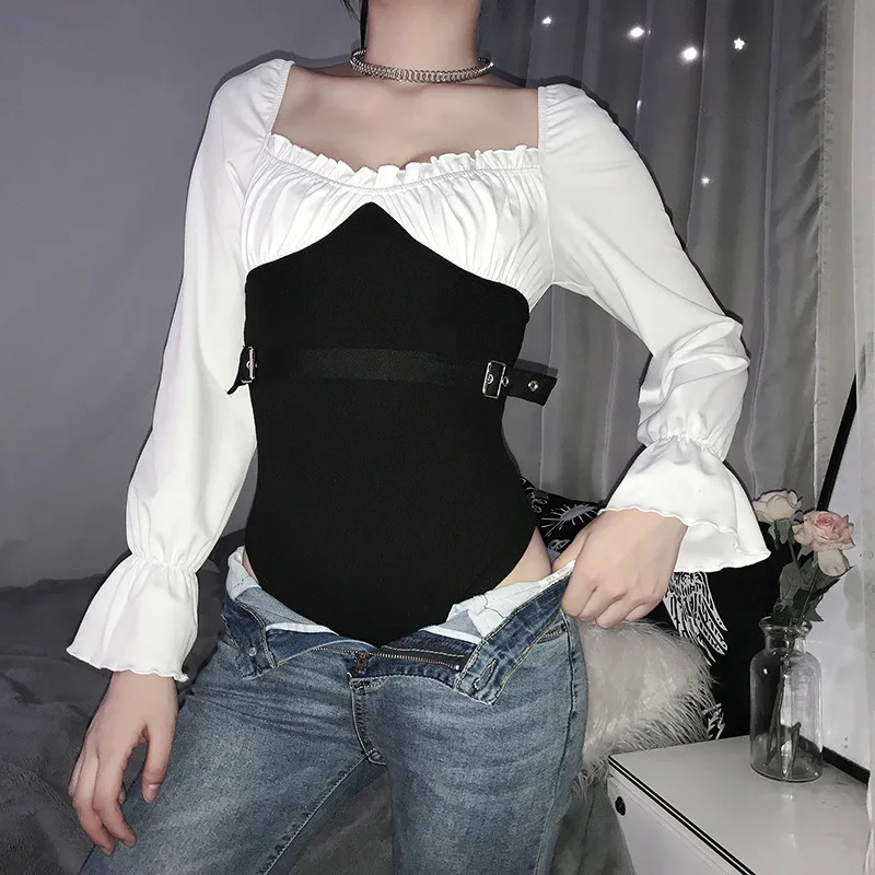 Новая мода Nova Женская энтеритос Largos De Mujer Elegantes квадратный воротник рукав в виде листьев лотоса поддельные из двух частей сексуальный комбинезон для женщин