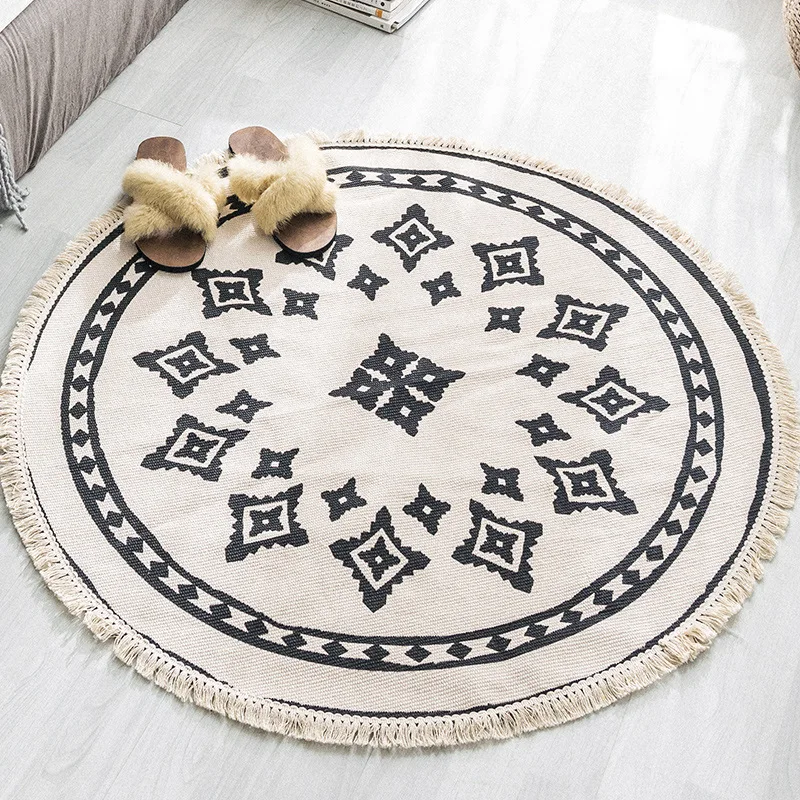 

Retro Boho Round Carpet Bedroom Boho Style Tassel Cotton Rug Hand Woven National Classic Tapestry Sofa Cushion Tatami Floor Mats