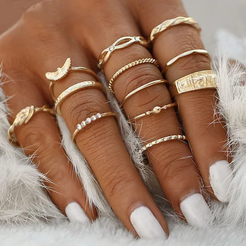 Crystal Geometry Knuckle Finger Ring Set For Women Eye Flower Leaves Charm Chain Rings Female Bohemia Jewelry