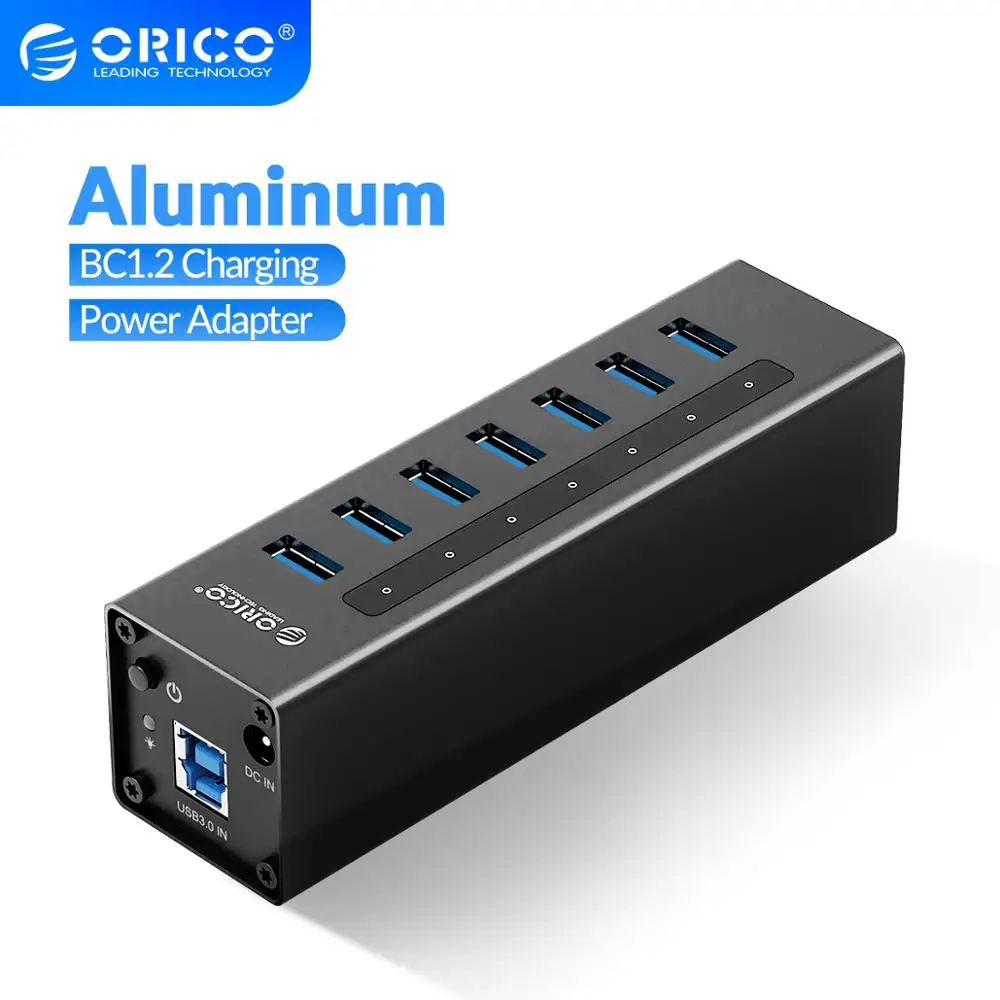 Концентратор ORICO USB 3,0 с 7 портами, поддержка BC1.2, зарядка с 12 В, адаптер питания, алюминиевый usb-сплиттер для аксессуаров Macbook, настольного компьютера, OTG - изображение