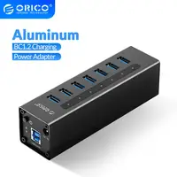 Концентратор ORICO USB 3,0 с 7 портами, поддержка BC1.2, зарядка с 12 В, адаптер питания, алюминиевый usb-сплиттер для аксессуаров Macbook, настольного компьютера, OTG - изображение