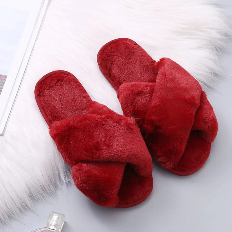 

Autumn Winter House Shoes Women Home Slippers Warm Faux Fur Ladies Cross Soft Plush Furry Slides Female Open Toe Fashion Shoes