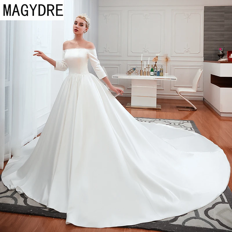 as picture Атласные свадебные платья Винтаж длинный шлейф милое элегантное Vestido De Noiva невесты три четверти рукав кружева - Цвет: as picture