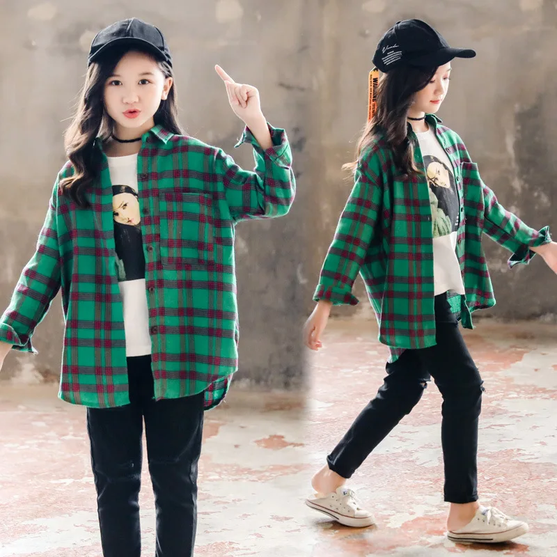 Teenage Girls Green Plaid All-match Cotton Long Shirt Fall