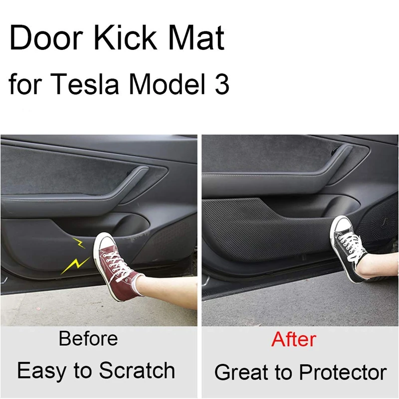 WOVELOT for Tesla Model 3 Door Anti-Kick Mat Leather Carbon Fiber Protector Car Interior Accessories 4 Pcs//Set