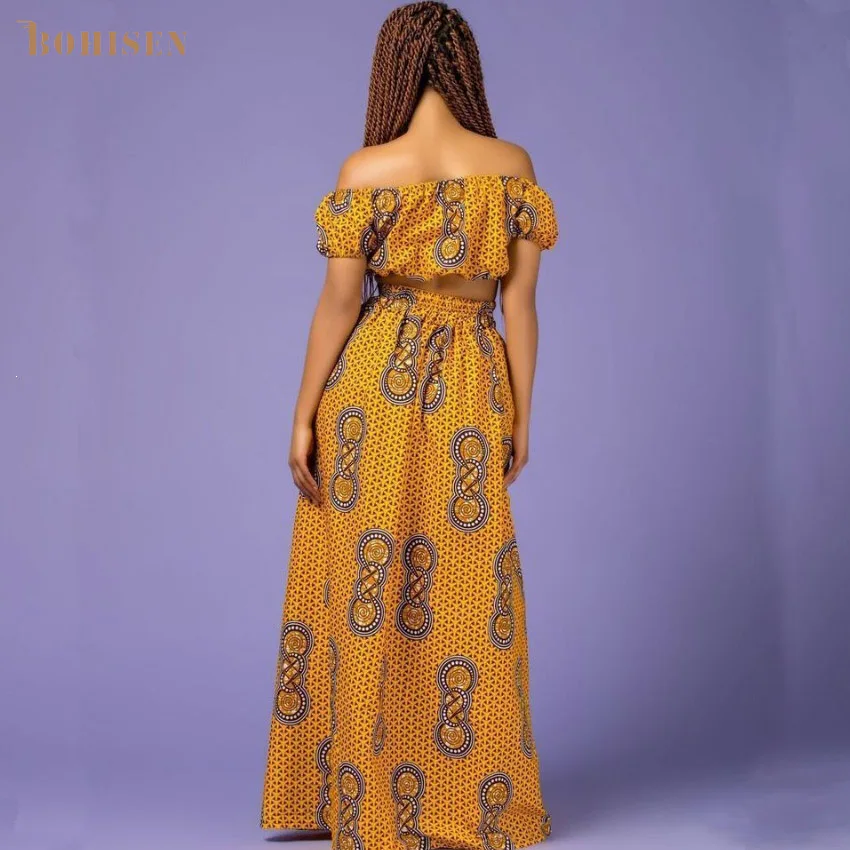 BOHISEN Dashiki African Dresses For Women Bazin Clothing Suits Short Sleeve African Women Clothes With Scraf Floral Print