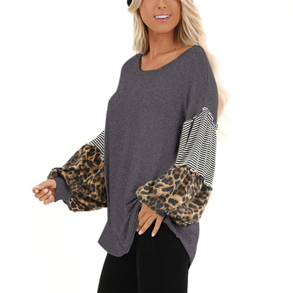 Kureas Women's T Shirt Long Puff Sleeve Casual T-Shirts Fashion Leopard Striped Patchwork Knitted Female Tops Autumn Winter