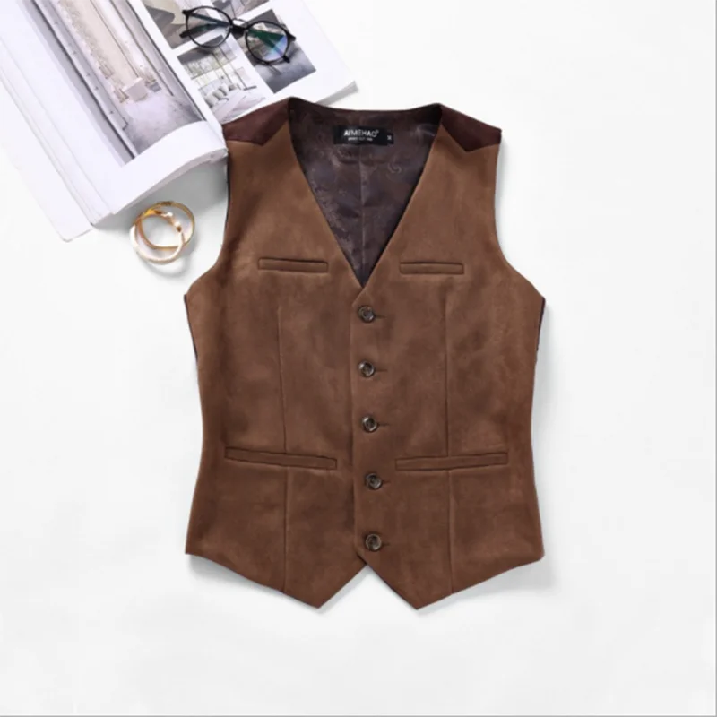 Men's Suit Vest Suede Western Denim Waistcoat Steampunk V-neck Single Breasted жилетка мужская 2