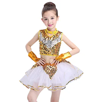 

Child Kids Girls Hip Hop Modern Jazz Sequins Dancewear Outfit Crop Tops with Mesh Tutu Skirt Wrist Sleeves Neck Choker Dance Set