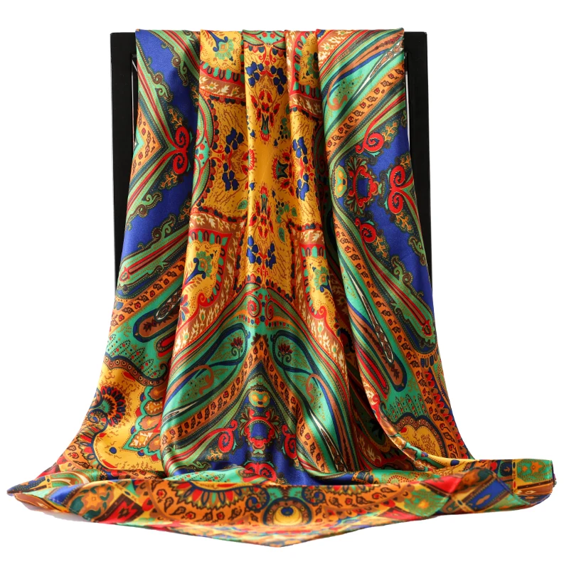 90*90cm Hijab Scarves Women Fashion Print Silk Satin Female Luxury Brand Square Shawls Head Ladies bandanna foulard muffler girl 2