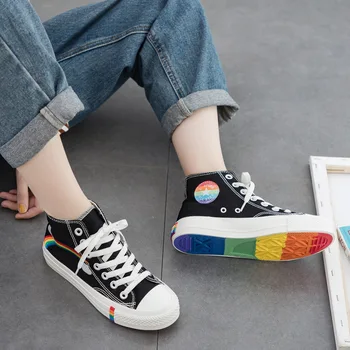 

Spring 2020 Designer New High-top Embroidery Rainbow Canvas Shoes Korean Fashion Elegant Style Casual Flat Womens Black Sneakers