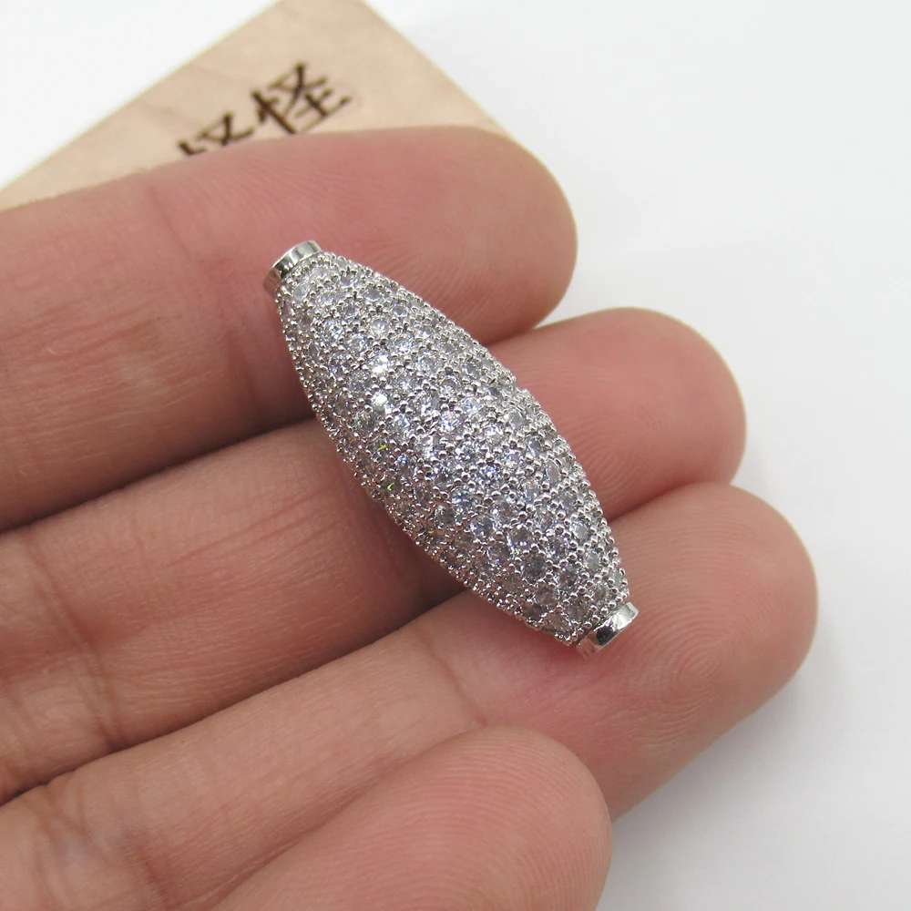 10x30mm Hollow Rice Gold plated Cubic Zirconia CZ Micro Paved Loose Metal Beads For Jewelry Making DIY