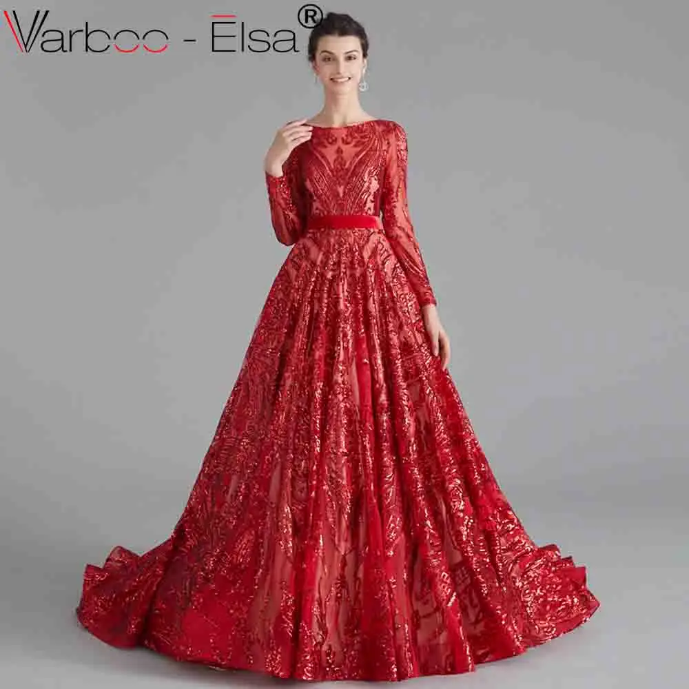 as pic VARBOO_ELSA Королевский синий o-образный вырез с блестками А-силуэт арабские вечерние платья с длинными рукавами сексуальное мусульманские Вечерние платья Длинные - Цвет: as pic