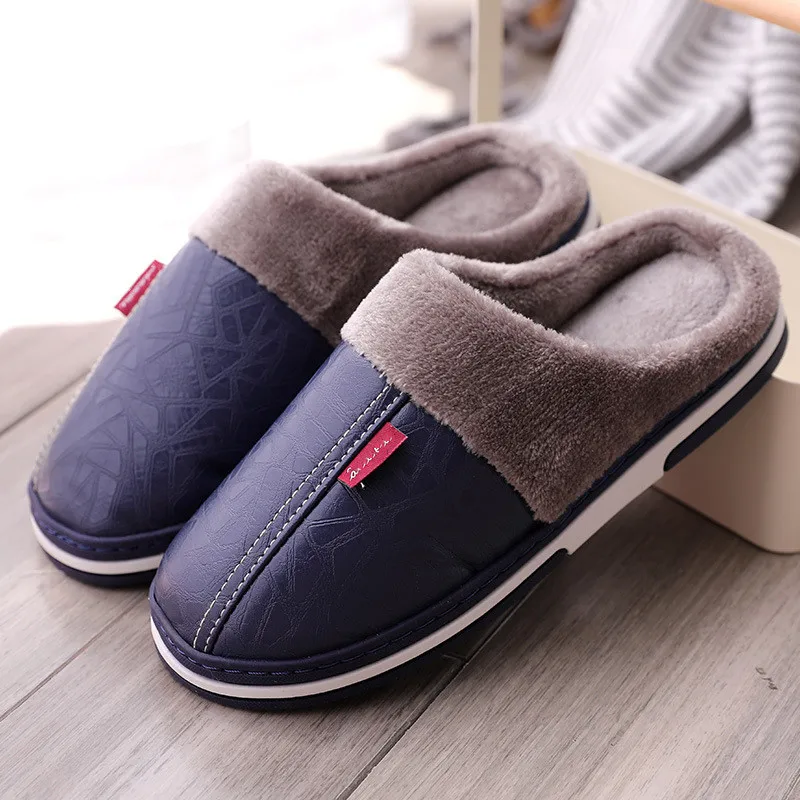 Теплые кожаные зимние домашние тапочки; нескользящая теплая Домашняя обувь; Хлопковые женские и мужские тапочки; домашняя обувь на плоской подошве; большие размеры 37-46