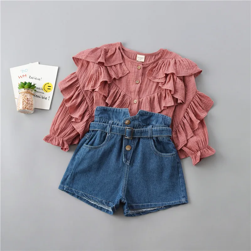 0-6 years high quality girl clothing set new autumn fashion tiered ruched solid shirt+ denim pant kid children clothing - Цвет: Красный