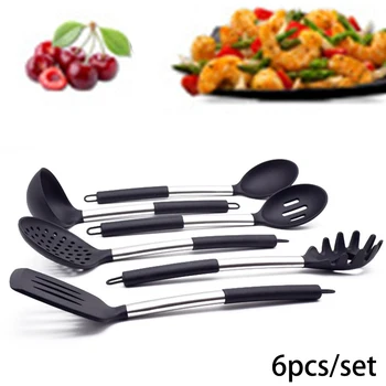 

Stainless Steel & Silicone Cooking Utensil Set Kitchen Ladle Slotted Pasta Spoon For Pans, Non-stick Cookware; High Temperature
