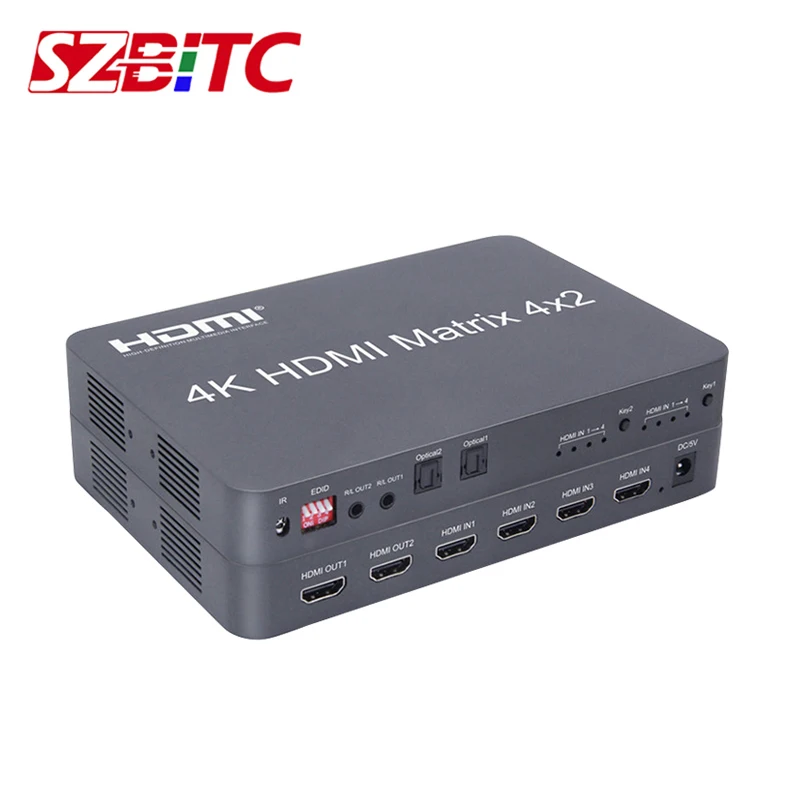

SZBITC 4K HDMI Matrix 4x2 Video Switcher 4 In 2 Out V2.0 EDID 3840x2160@60Hz 3.5mm Audio out with IR Remote Control