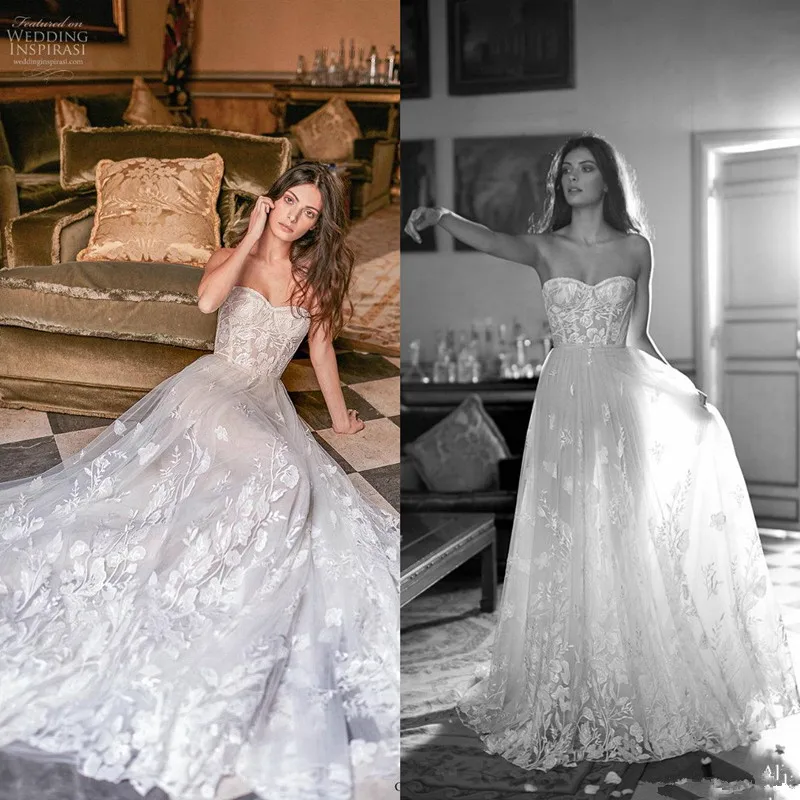 

Wedding Dresses 2020 Modest Sweetheart Lace Applique Flowy Skirt Beach Bohemian Bride Wedding Gown vestido de noiva