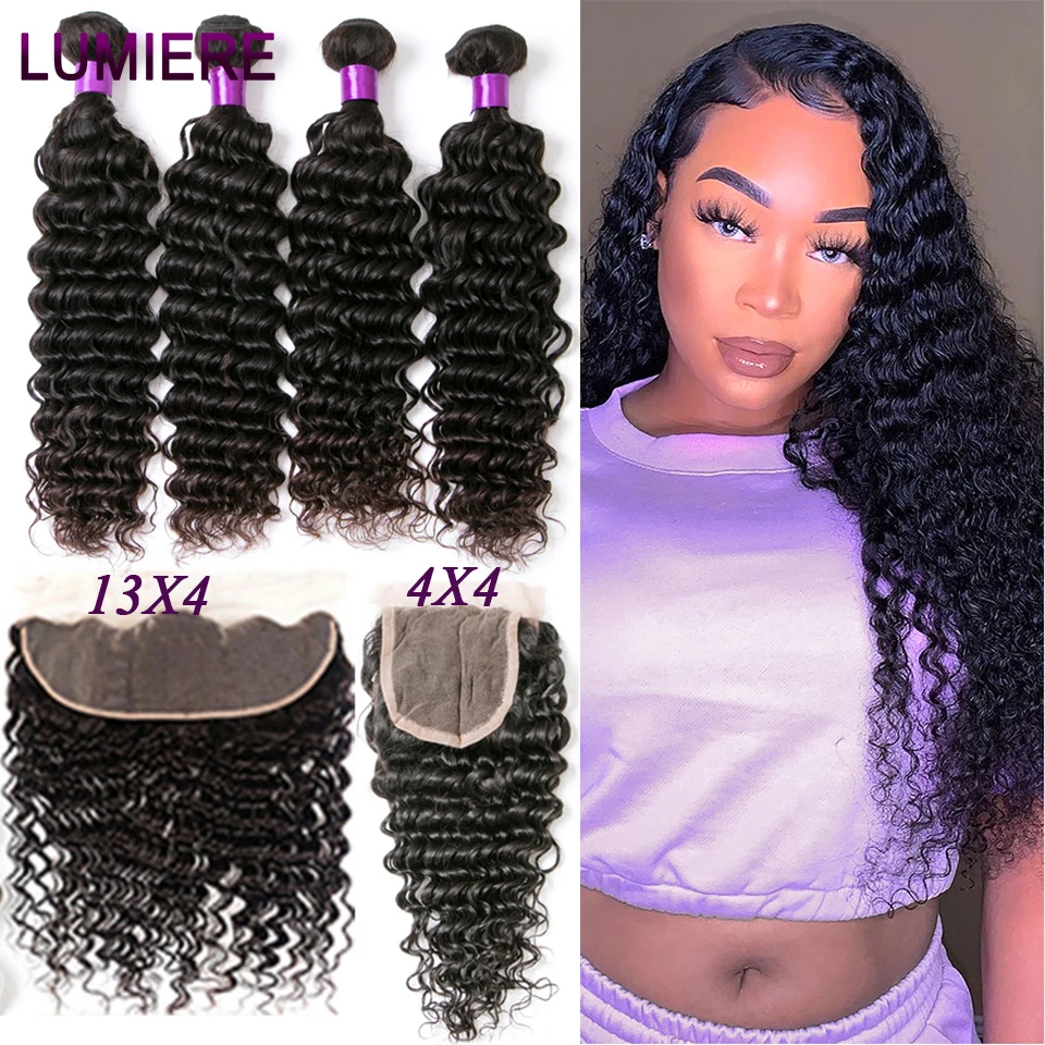 Lumiere pelo 28 30 40 pulgadas onda profunda mechones con cierre peruano 100% humano de Remy de la onda del pelo mechones con cierre Frontal