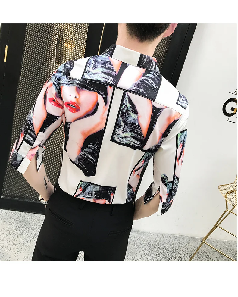 Мужские рубашки с принтом, модные Camisa Masculina, летние рубашки с коротким рукавом, повседневные облегающие рубашки для ночного клуба